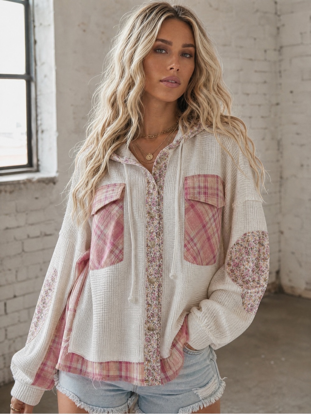 NWT Mixed Media Plaid Thermal Waffle Knit Floral Print Button Down Hoodie Jacket